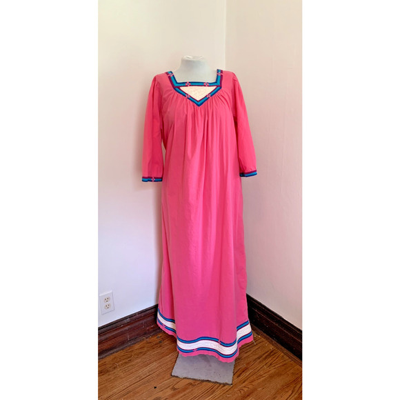 VTG 60 70 Maxi Dress Embellishments Pink Mumu House Dress Aztec Southwest Cotton - Picture 1 of 17
